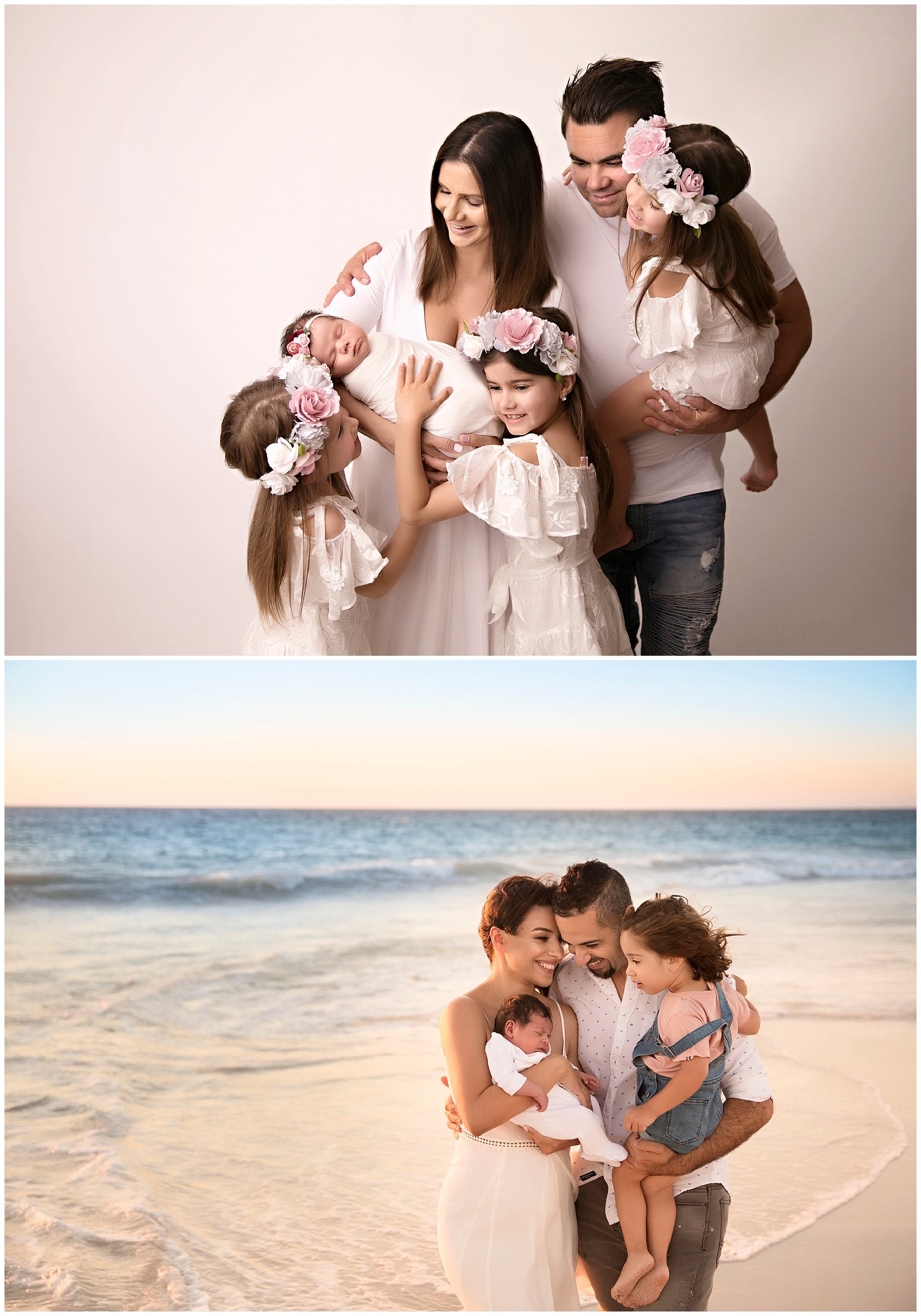 newborn with parents in studio and on beach