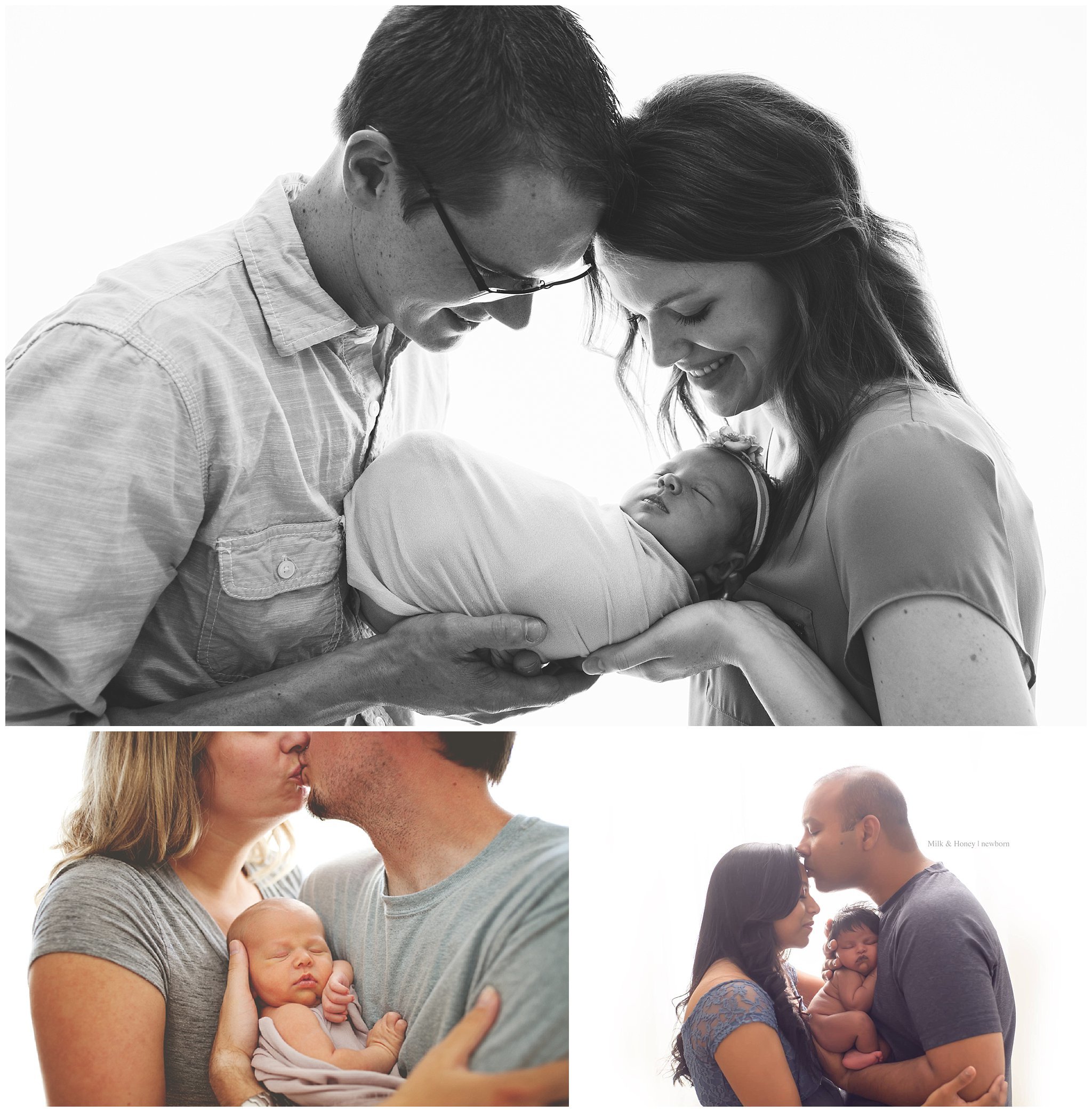 parents with newborn against white light