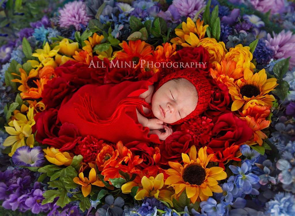 baby sleeping in bed of colourful flowers