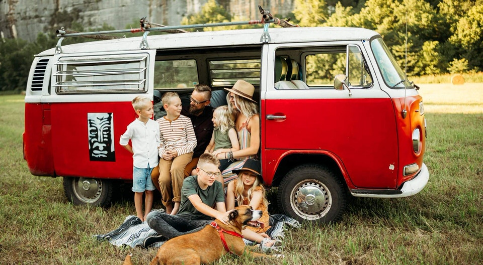 family photo in volkswagen bus