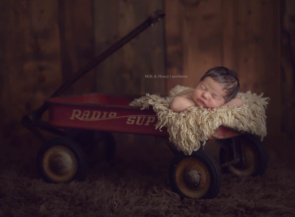 newborn baby posed in wagon