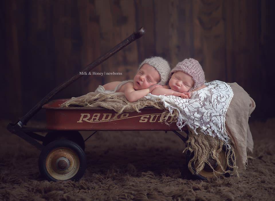 newborn twins posing in wagon