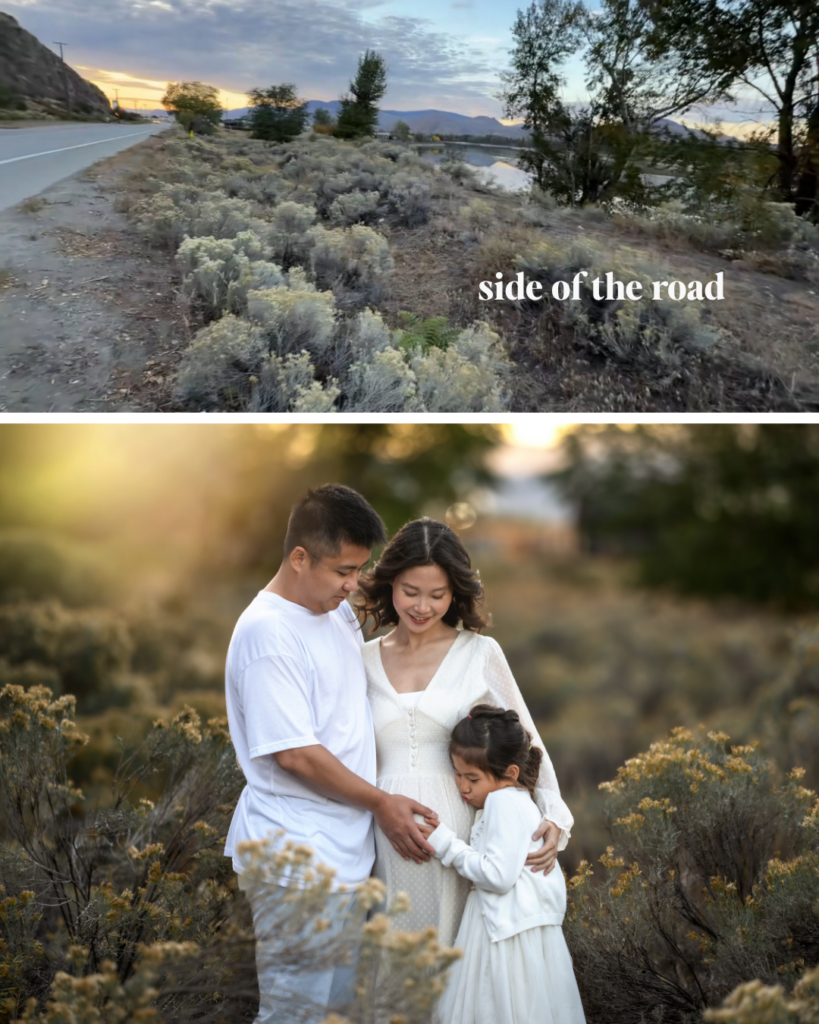 Photographer reading light direction at outdoor location before family session begins
