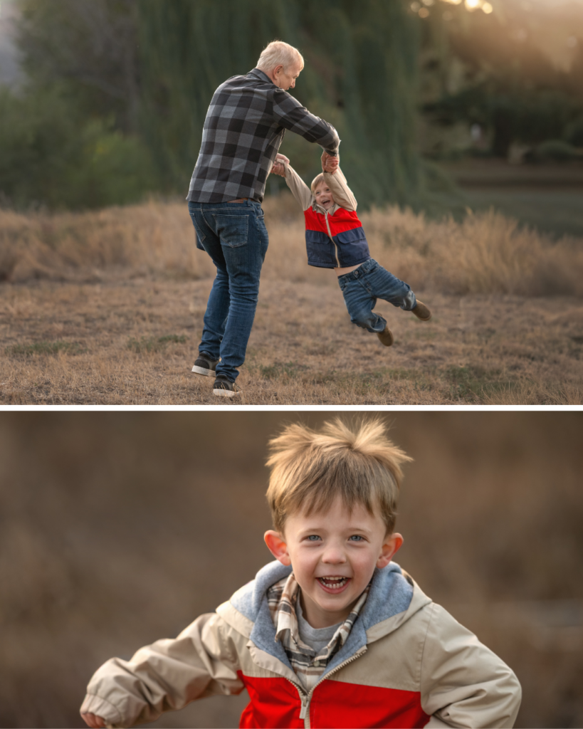 Toddler running toward camera frozen sharp at fast shutter speed, outdoor family photography session