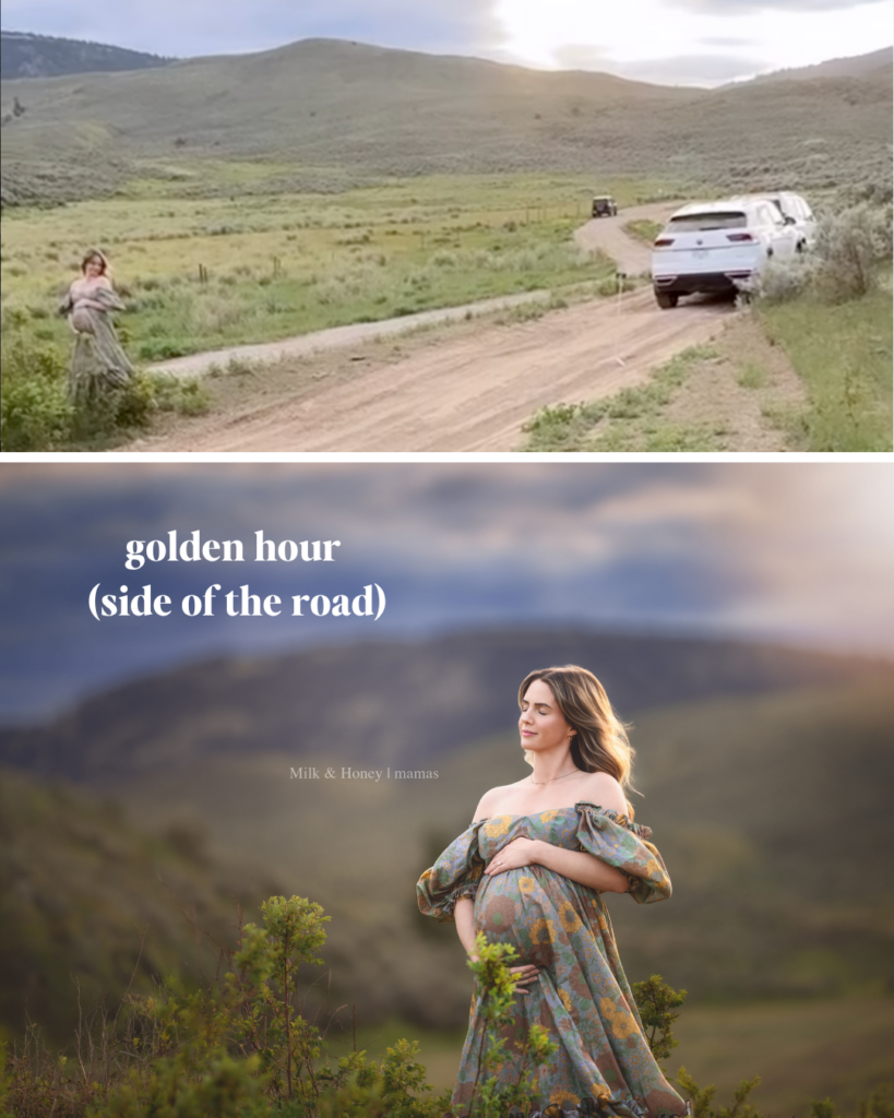 Outdoor family portrait using backlight at golden hour, 135mm compression, field location
