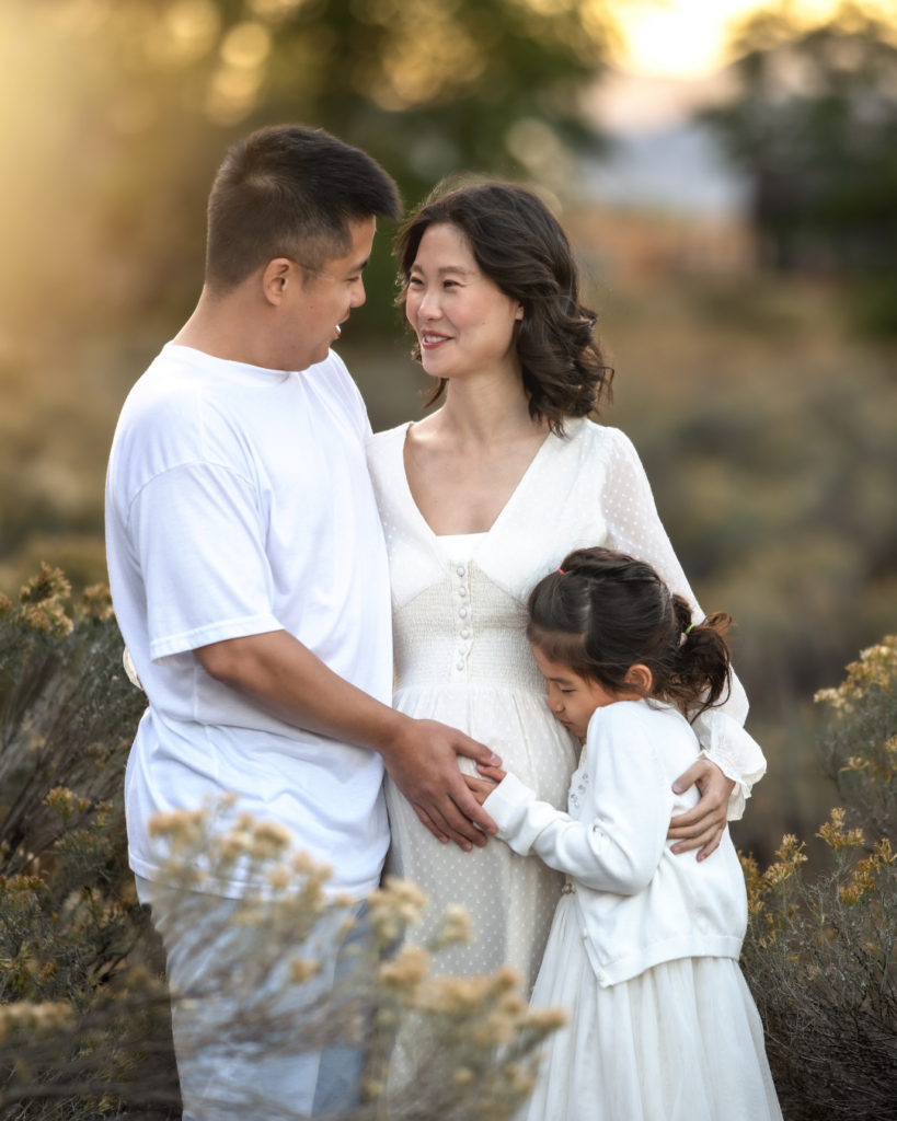 Ordinary roadside spot transformed into outdoor family photography location using natural light, warm golden hour