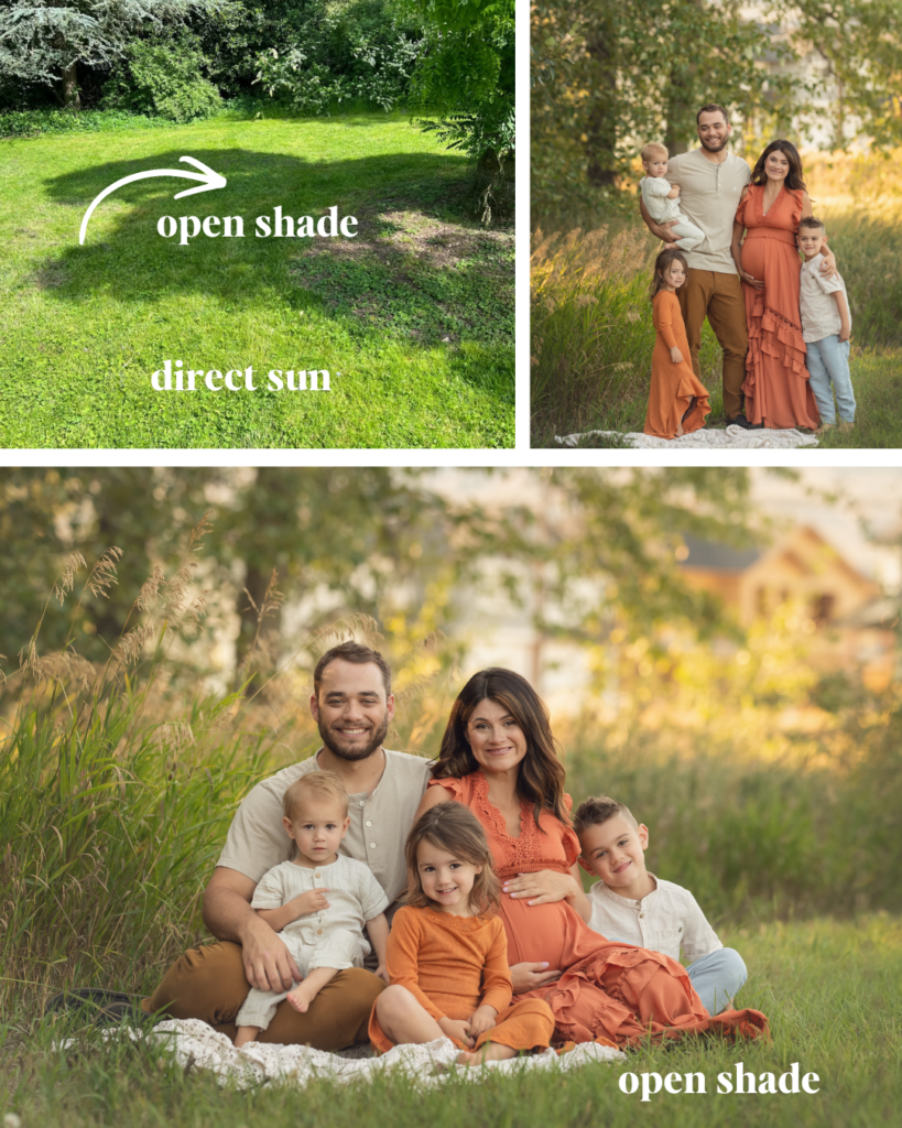 Family of five in open shade, soft natural light, father holding toddler while older children lean in
