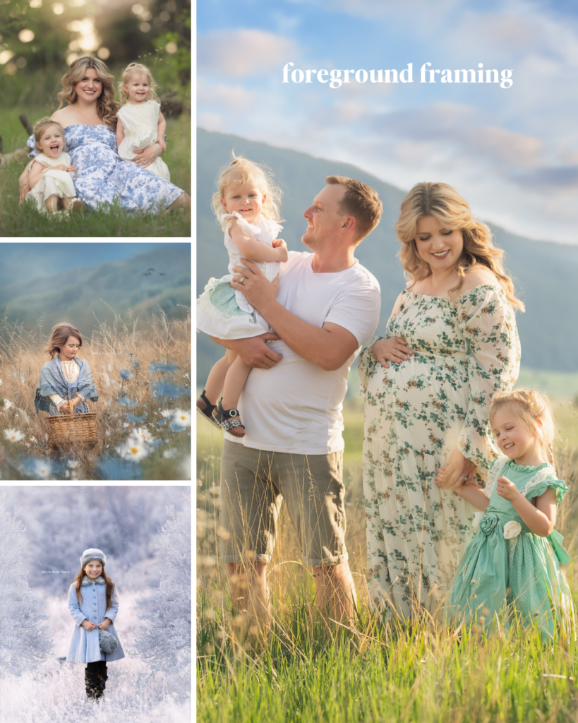 Family session framed by foreground grass and trees, landscape used as compositional anchor
