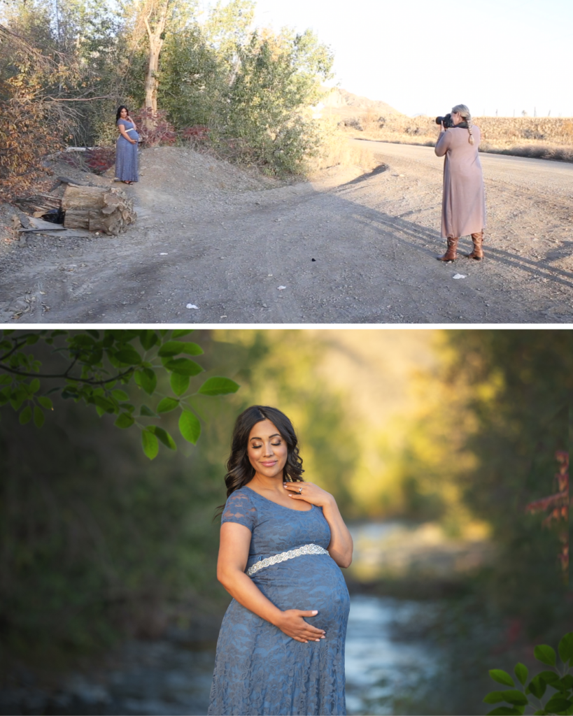 Photographer showing location on side of a road near a dirt pile to assess beautiful outdoor maternity photography location