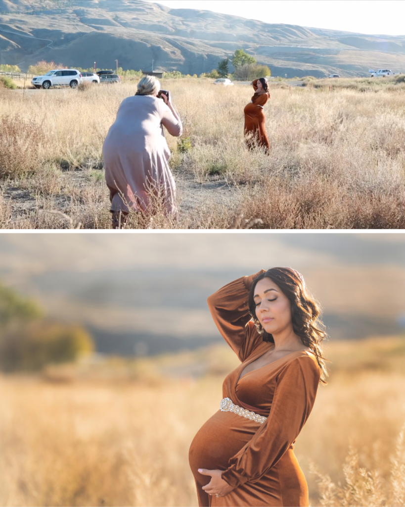 Photographer showing location on side of a road to assess outdoor maternity photography location